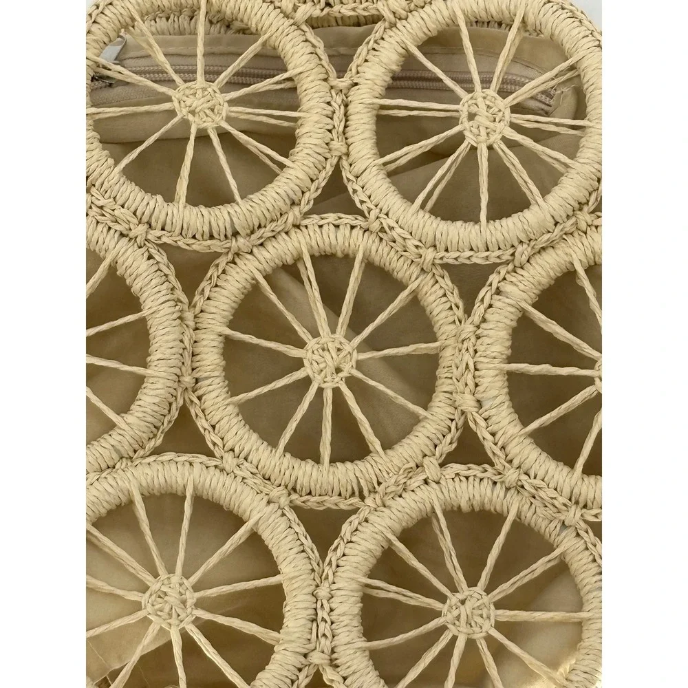 Woven Straw Circle Wheel Tote Bag Beige Raffia Summer Beach Handbag Boho Beach